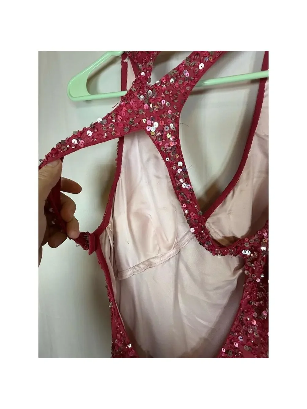 Adrianna Papell Gown Womens Size 8 Pink Sequin Halter Maxi Deep V Back Cutout - Picture 10 of 16